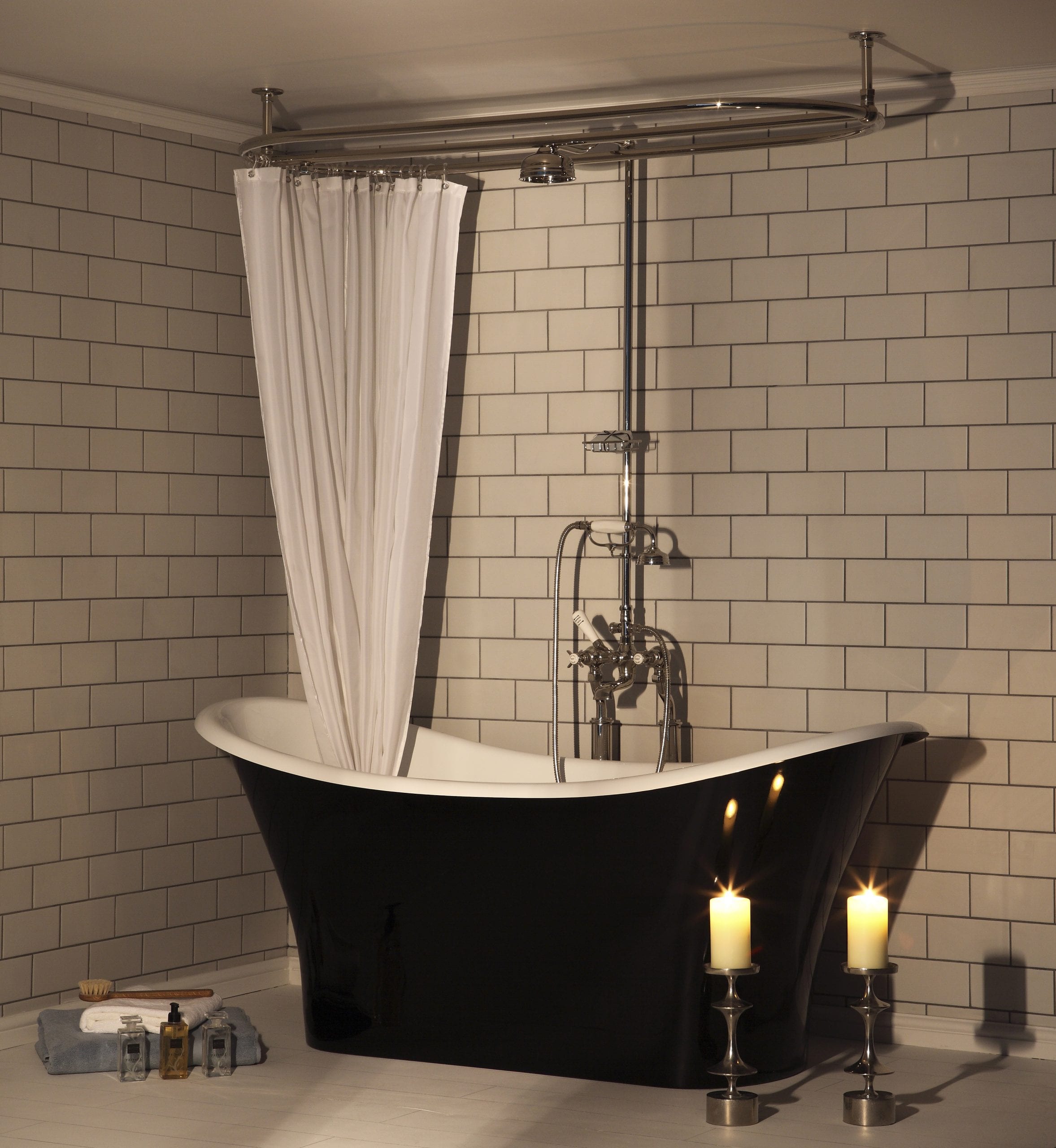 Apollo Free Standing Bateau Bath - Shown with Effusio Overhead Shower system